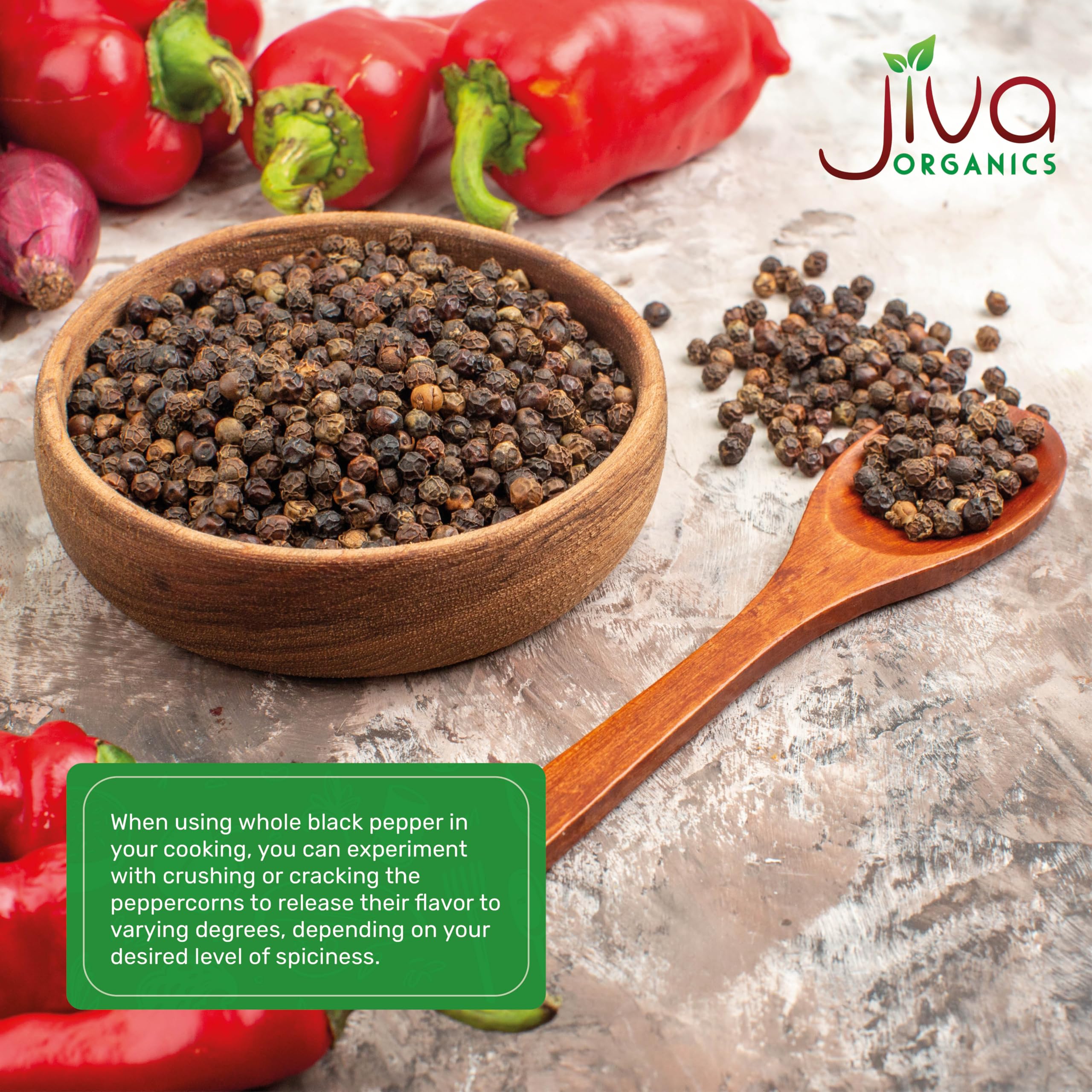 Jiva Organics organic vegan non-GMO peppercorns with clean labeling.