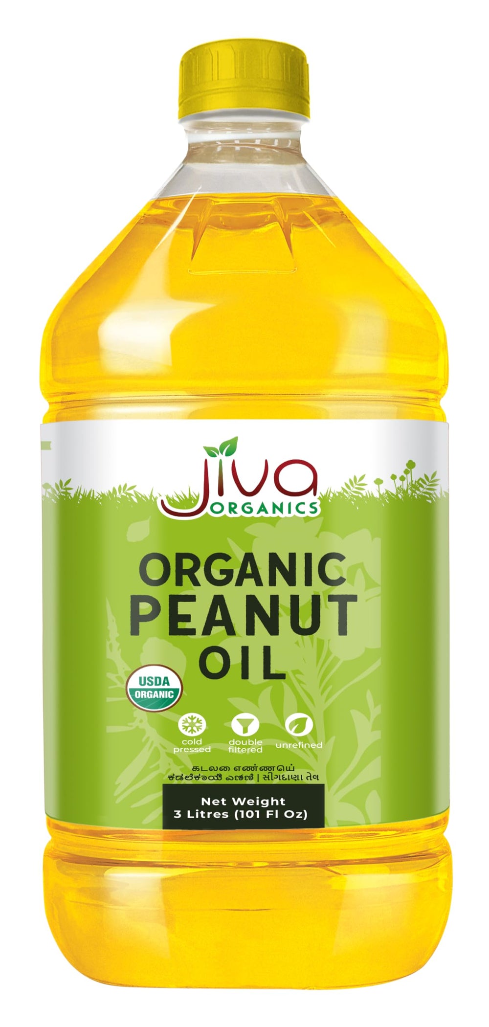Jiva Organics peanut oil 3L bottle pour showing high-heat use for frying and sautéing