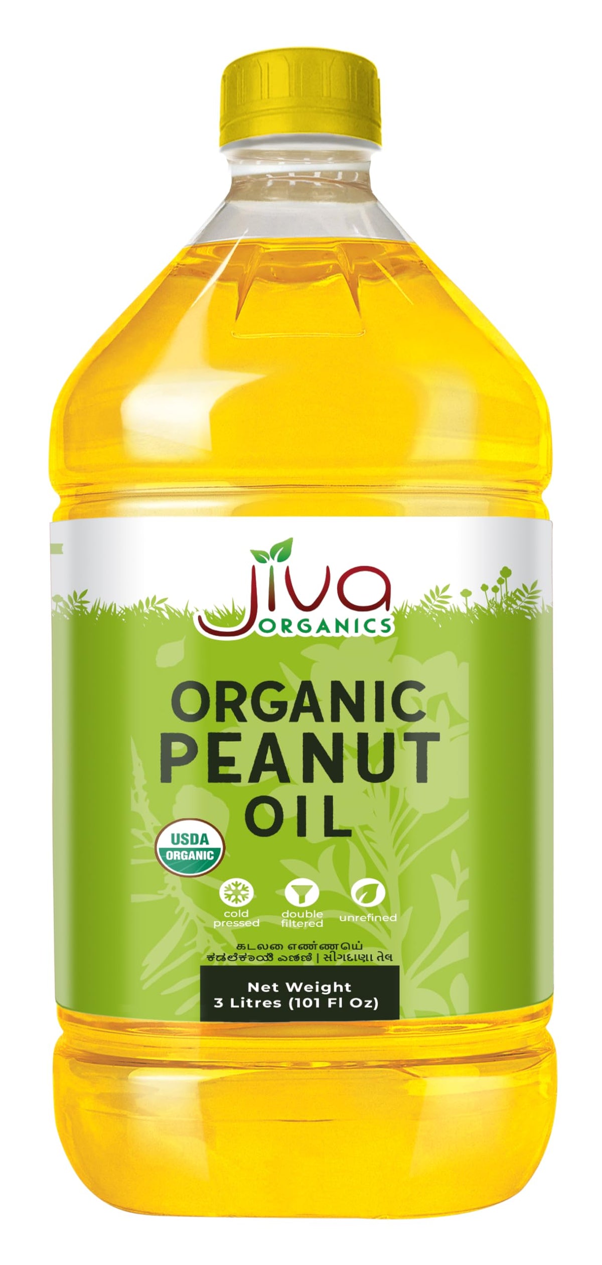 Jiva Organics peanut oil 3L bottle pour showing high-heat use for frying and sautéing