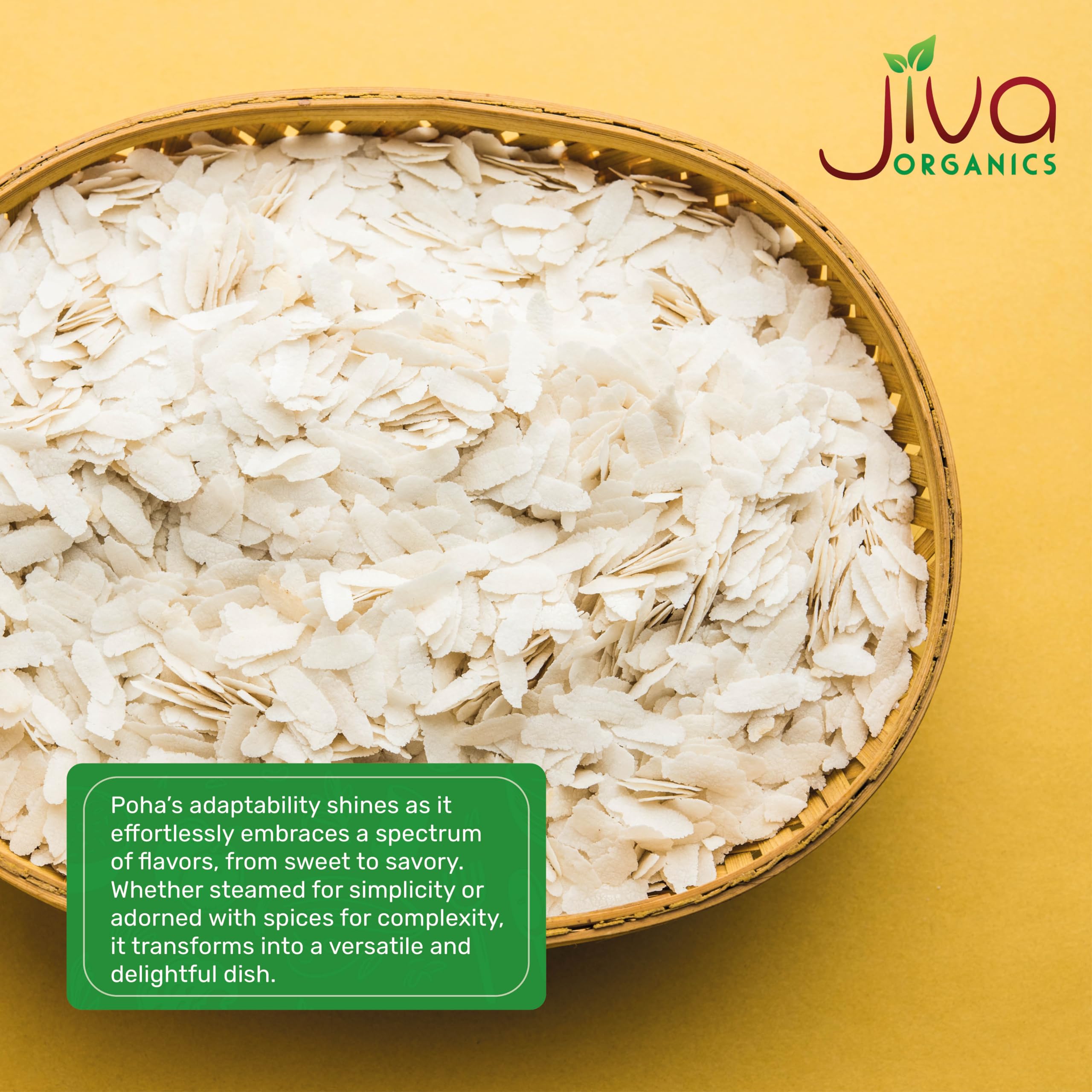 Jiva Organics Poha thick cooked plate invites flavorful, versatile Poha or other grain dishes.