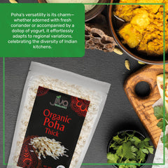 Jiva Organics Poha thick grains closeup reveals subtle starch and ready-to-cook appearance.