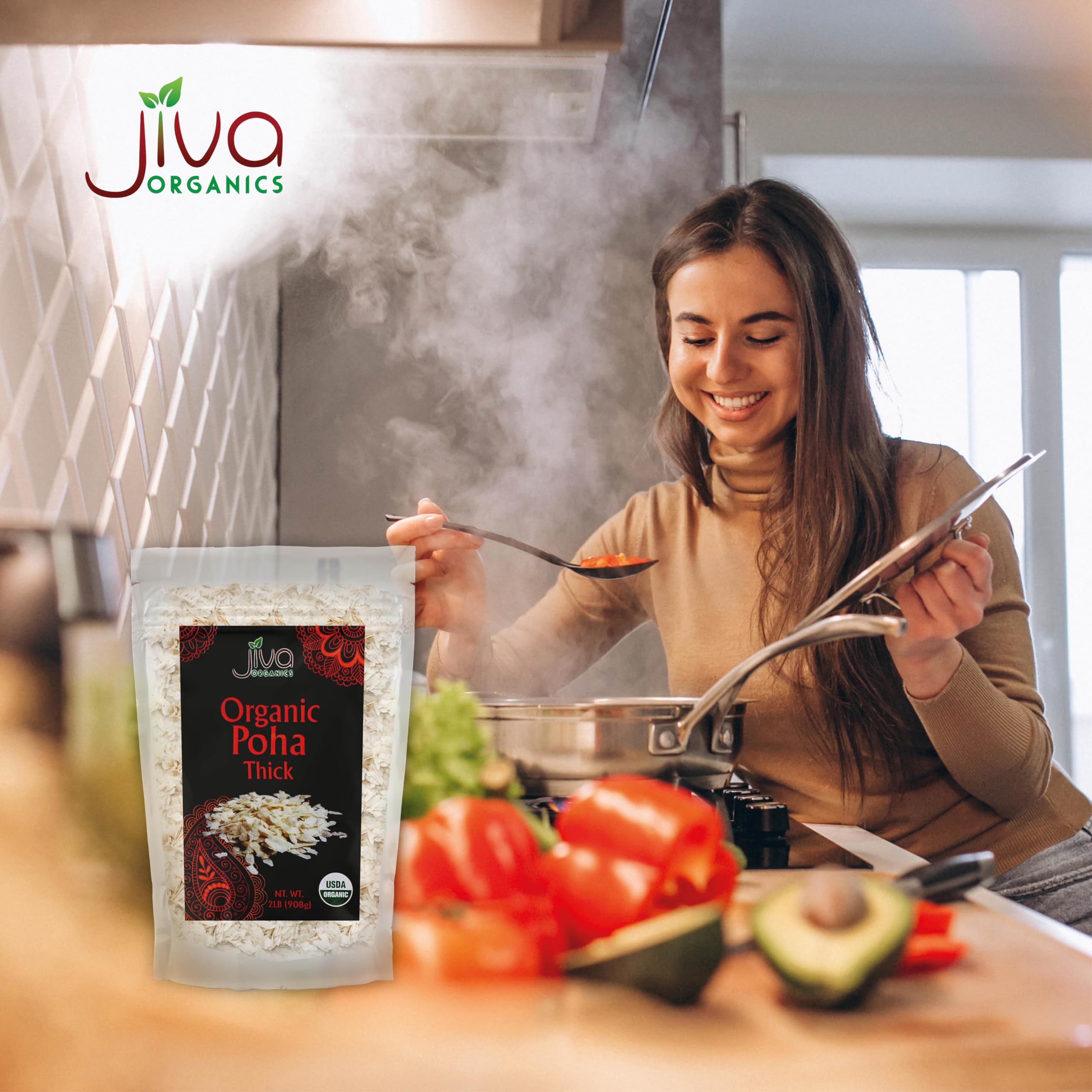 Jiva Organics Poha thick kitchen scene highlights a pantry-friendly organic staple.