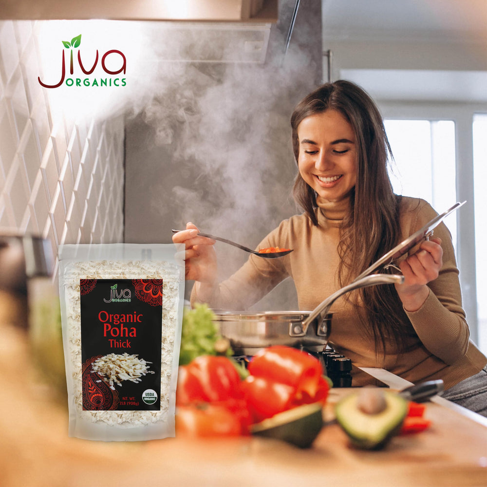 Jiva Organics Poha thick kitchen scene highlights a pantry-friendly organic staple.