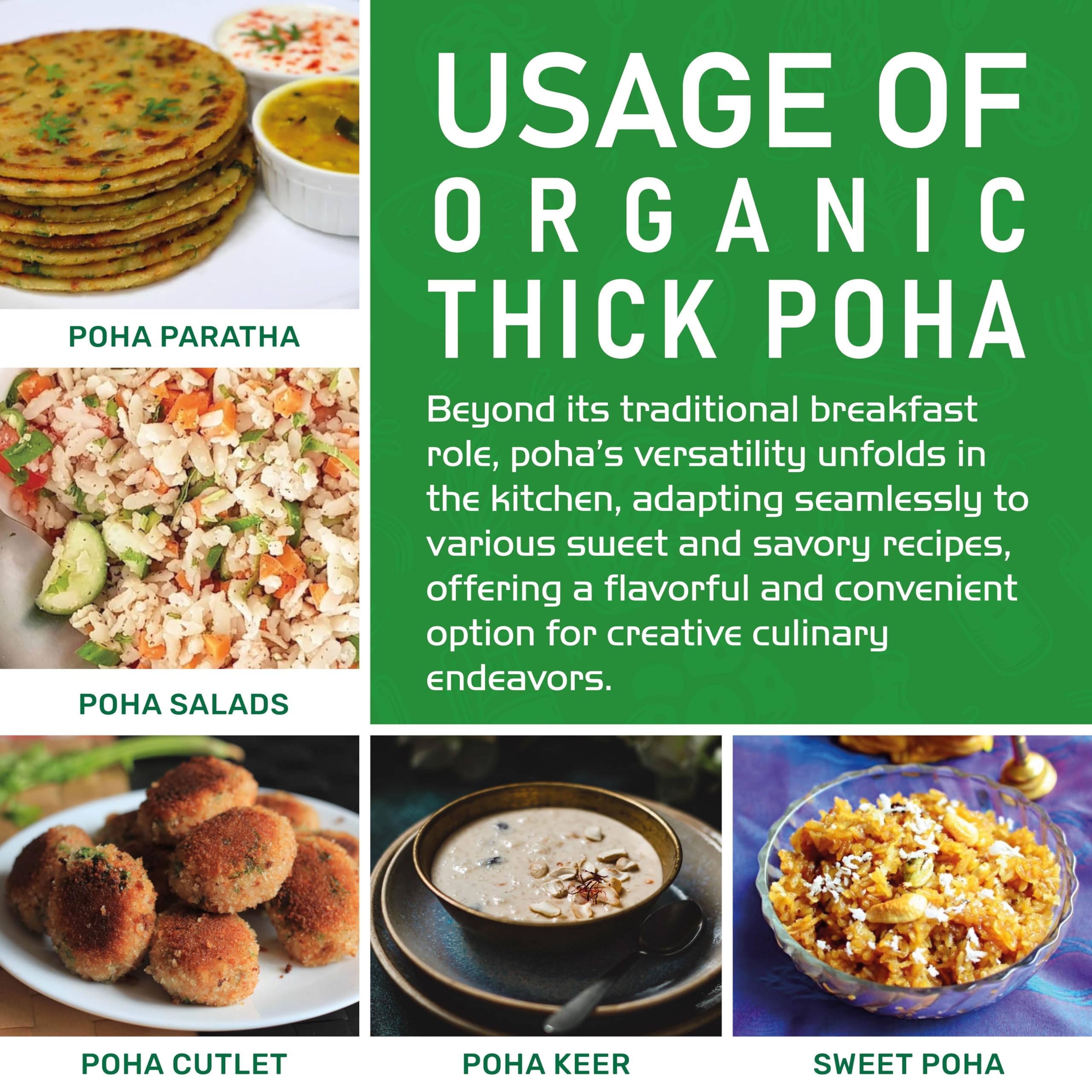 Jiva Organics Poha thick packaging back view shows convenient 2lb bag.