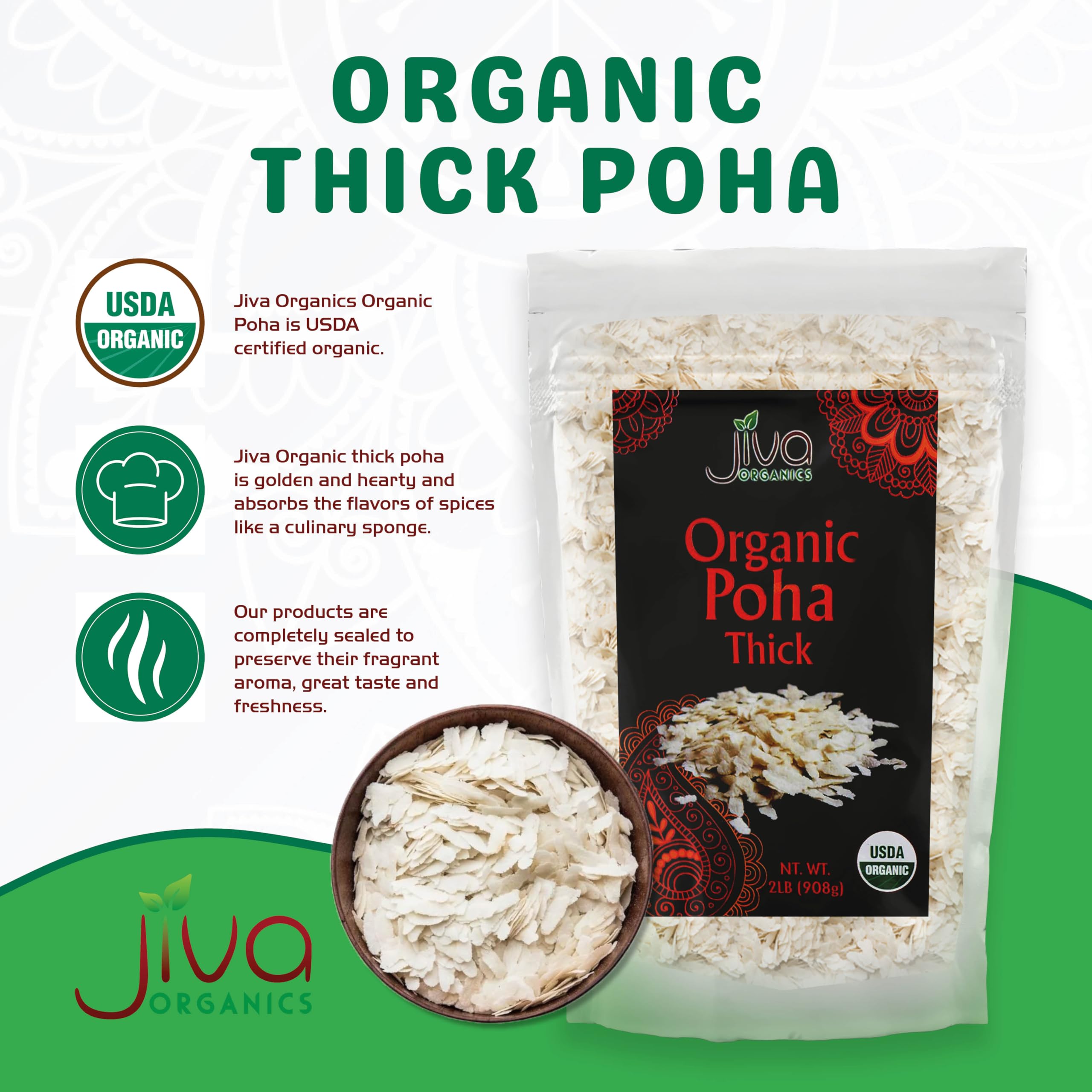 Jiva Organics Poha thick raw grains closeup shows pale rice flakes and natural texture.