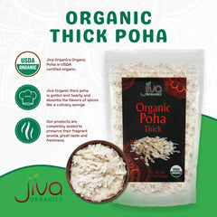 Jiva Organics Poha thick raw grains closeup shows pale rice flakes and natural texture.