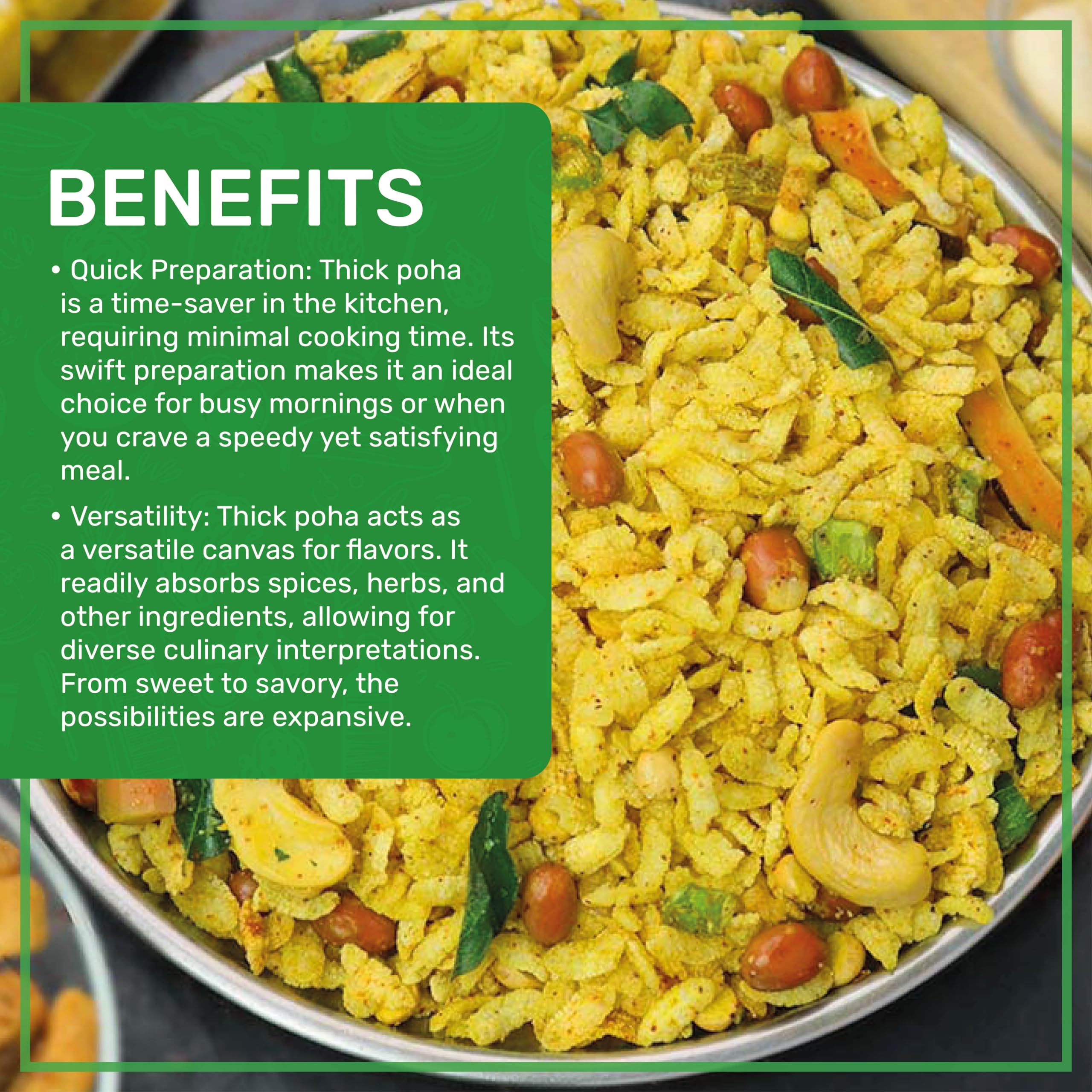 Jiva Organics Poha thick steaming bowl demonstrates quick, versatile breakfast options.