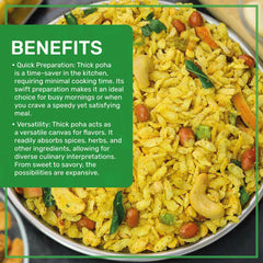 Jiva Organics Poha thick steaming bowl demonstrates quick, versatile breakfast options.