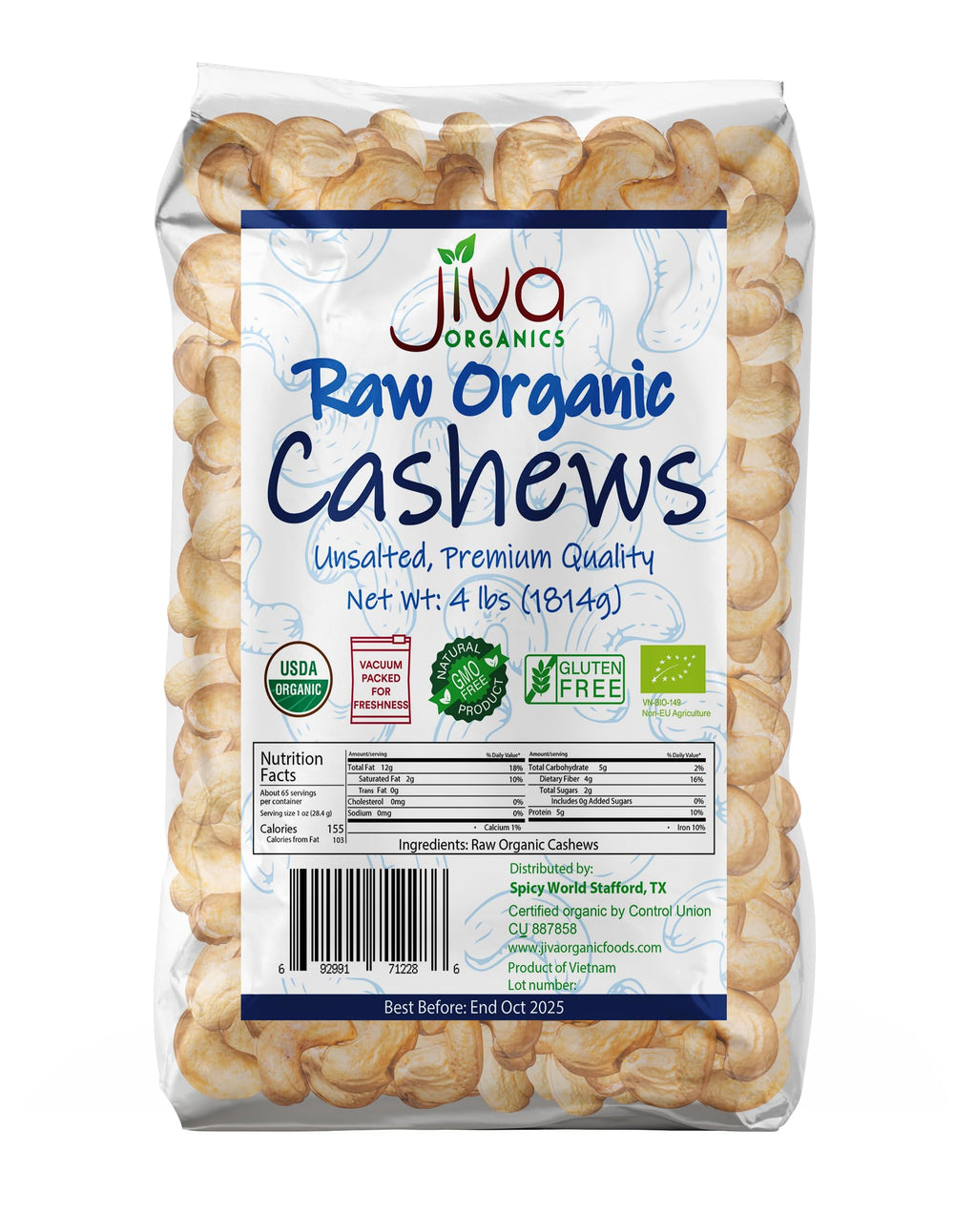 Jiva Organics raw cashews whole bag, ideal for snacking and cooking