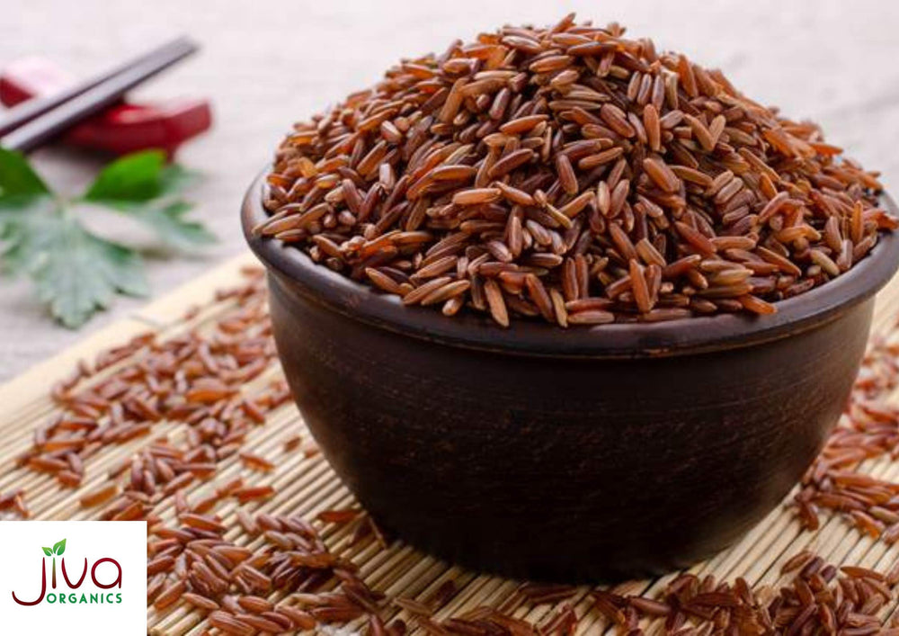 Jiva Organics red rice cooking steps show soaking and simmering for flavor.