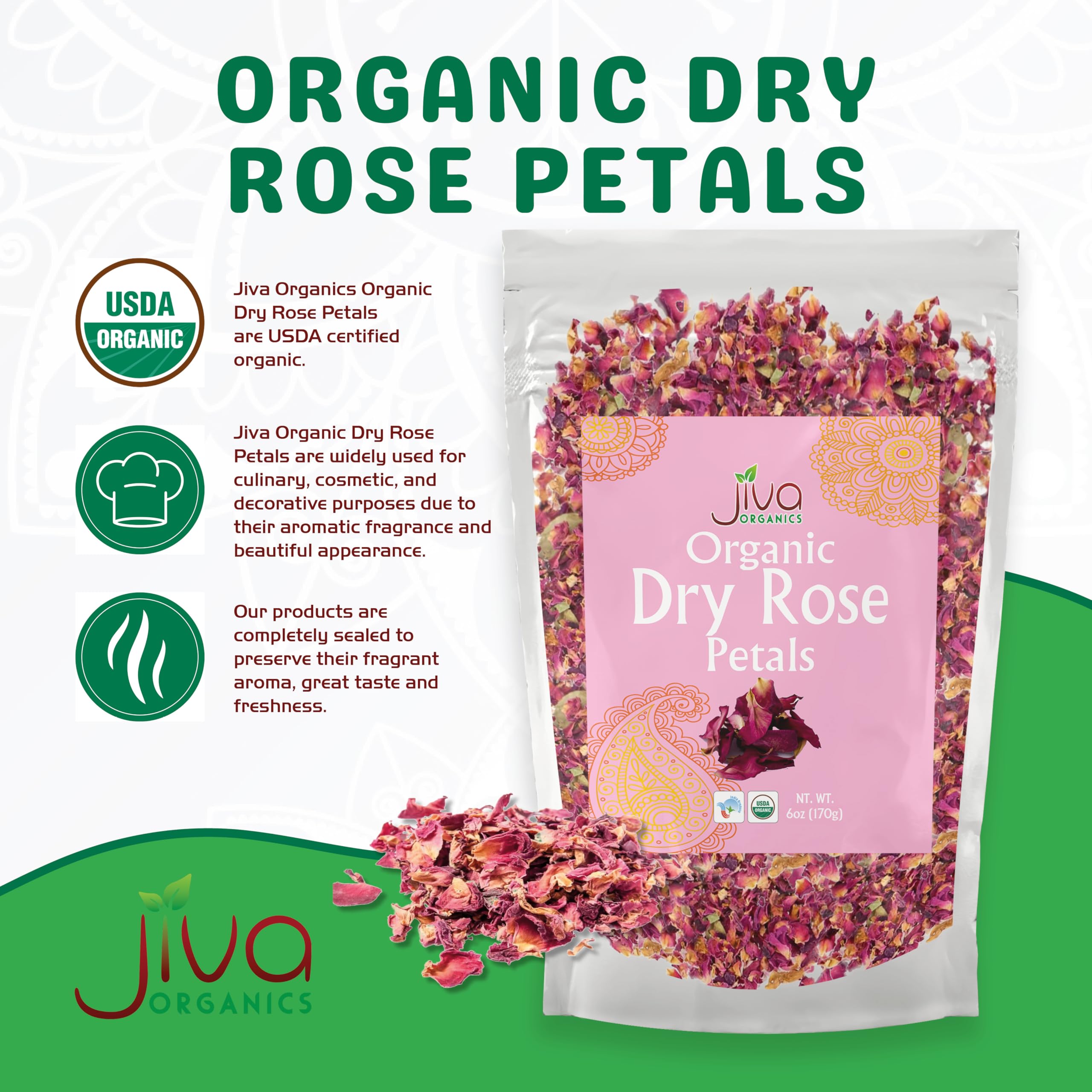 Jiva Organics rose petals tea infusion for fragrant cups.