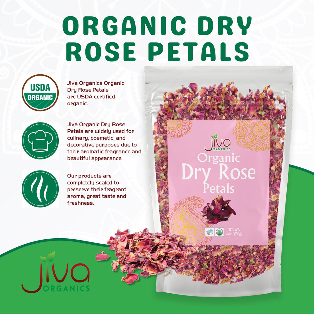 Jiva Organics rose petals tea infusion for fragrant cups.