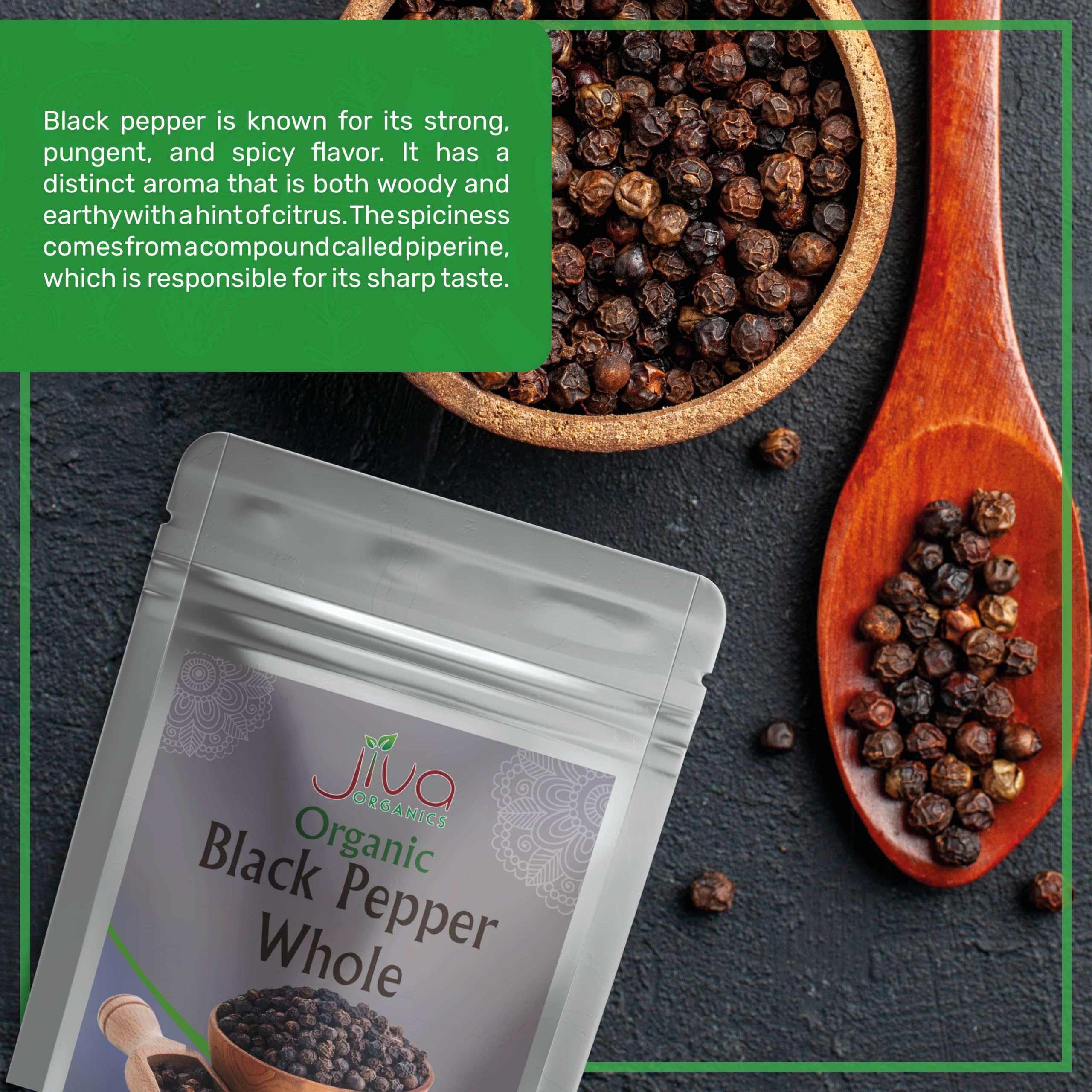 Jiva Organics steam-sterilized peppercorns close-up for pure aroma.