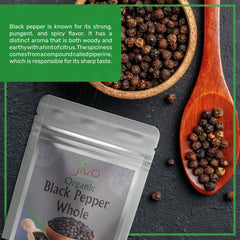 Jiva Organics steam-sterilized peppercorns close-up for pure aroma.