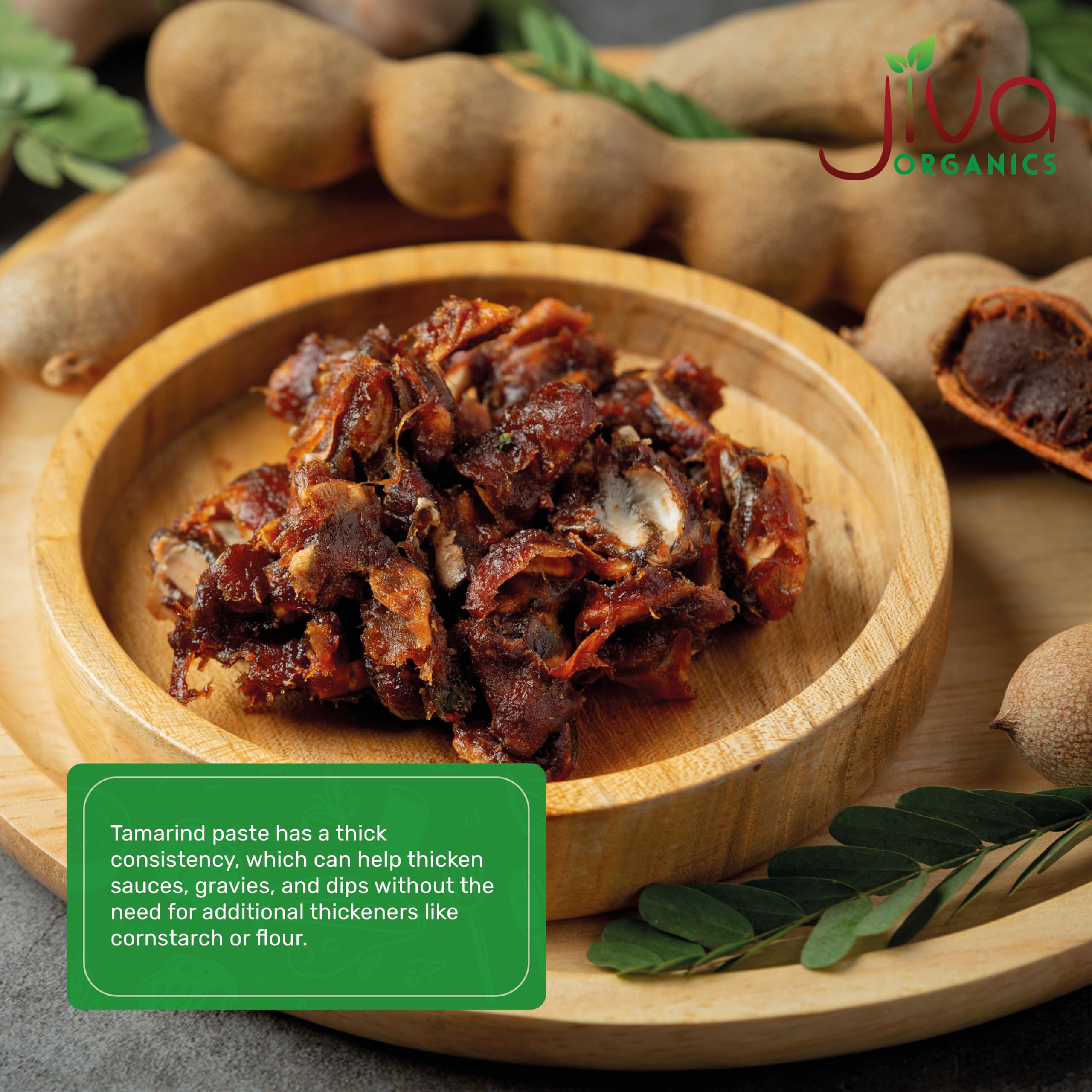 Jiva Organics Tamarind paste ingredients panel, shows no sugar or preservatives.