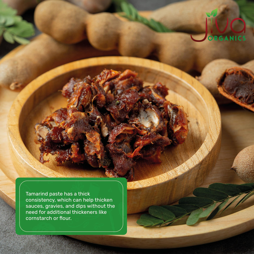 Jiva Organics Tamarind paste ingredients panel, shows no sugar or preservatives.