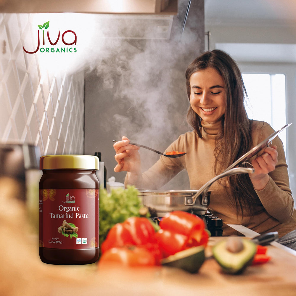 Jiva Organics Tamarind paste packaging box, premium non-GMO product of India.