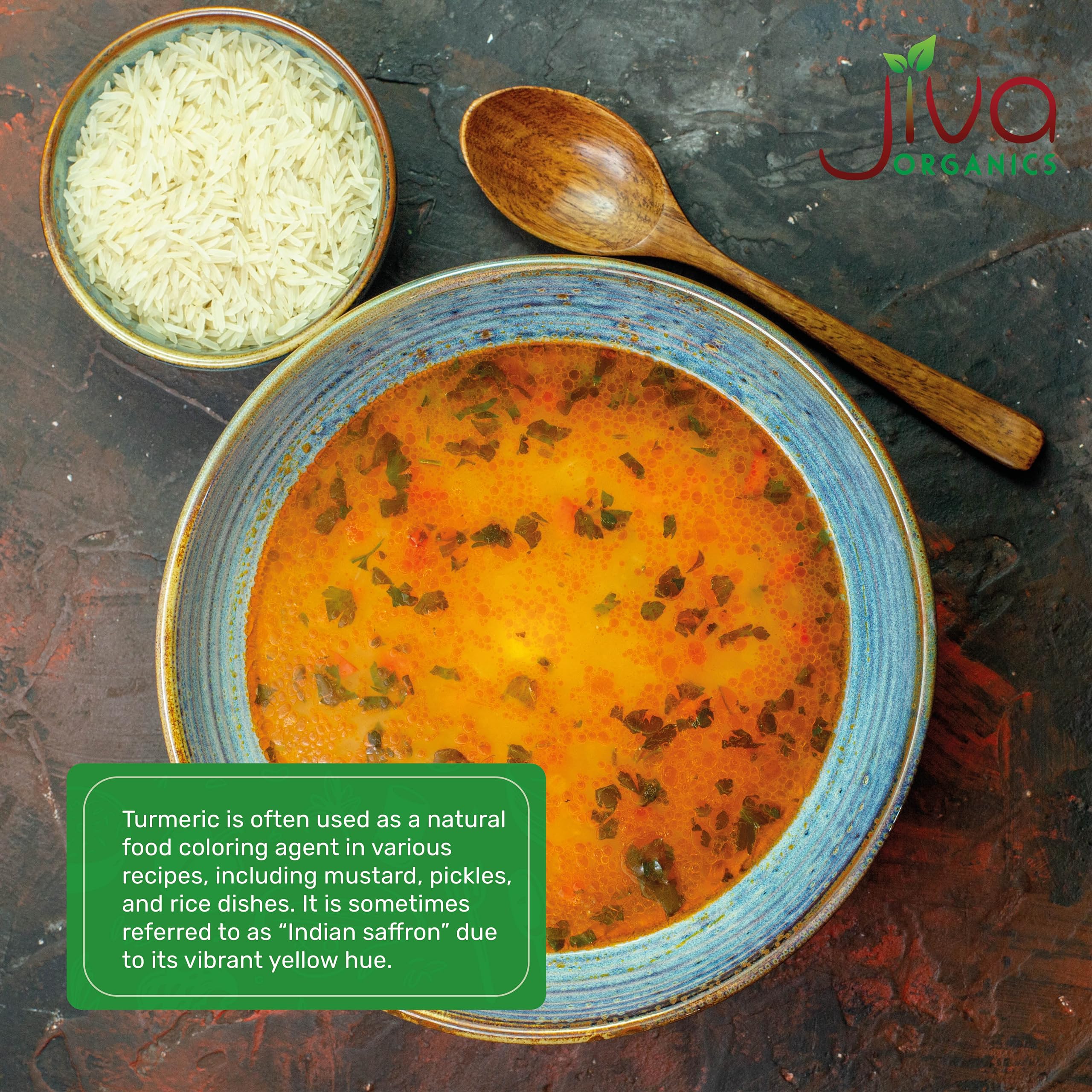 Jiva Organics turmeric powder dusting a curry dish for vibrant color