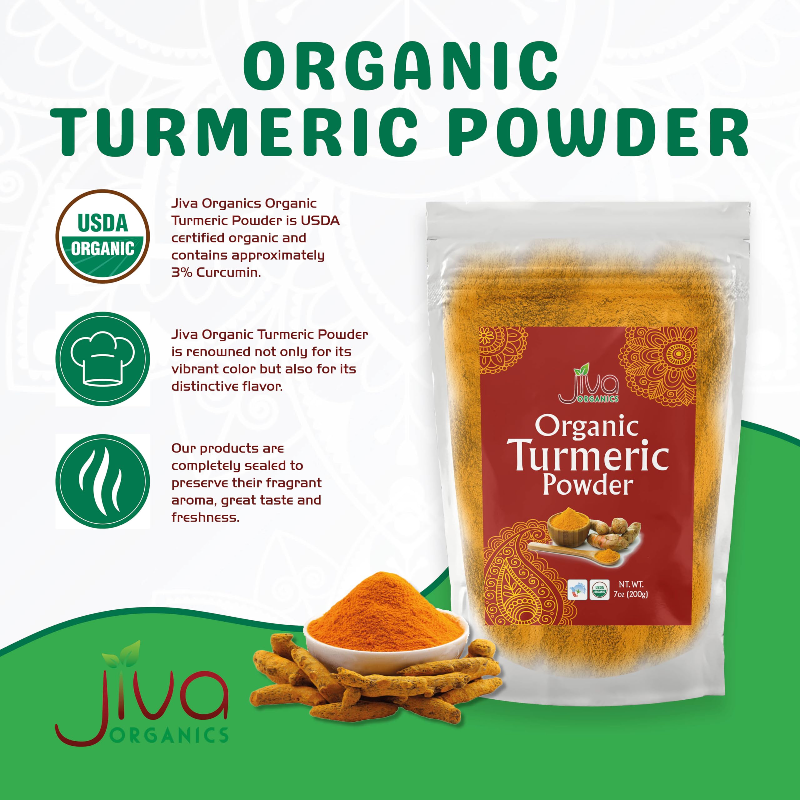 Jiva Organics turmeric powder ground from fresh rhizomes preserves rich color