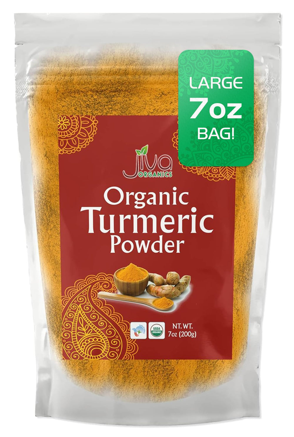 Jiva Organics turmeric powder package close-up highlighting fresh, organic spice ideal for cooking