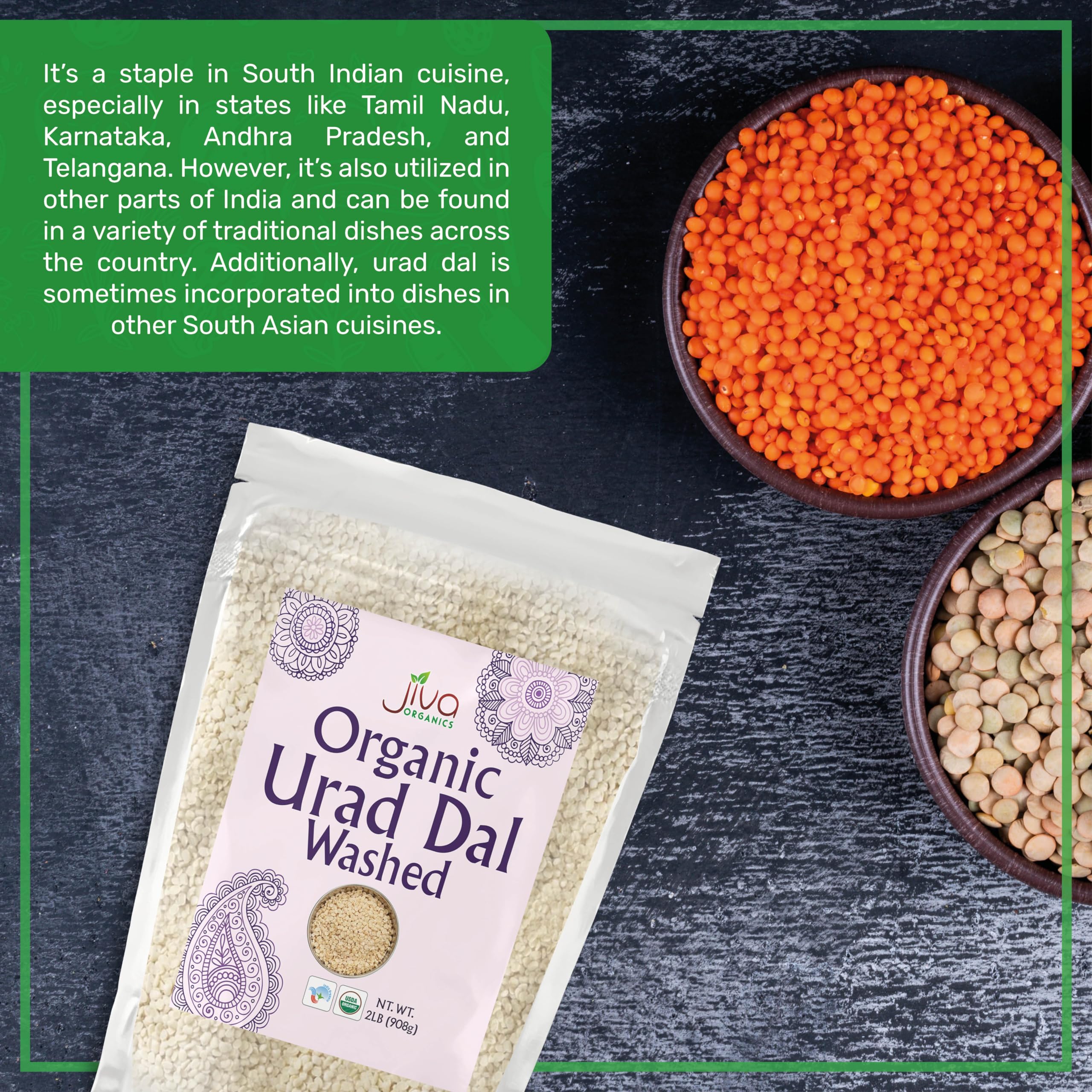 Back label of Jiva Organics Urad Dal with USDA Organic certification