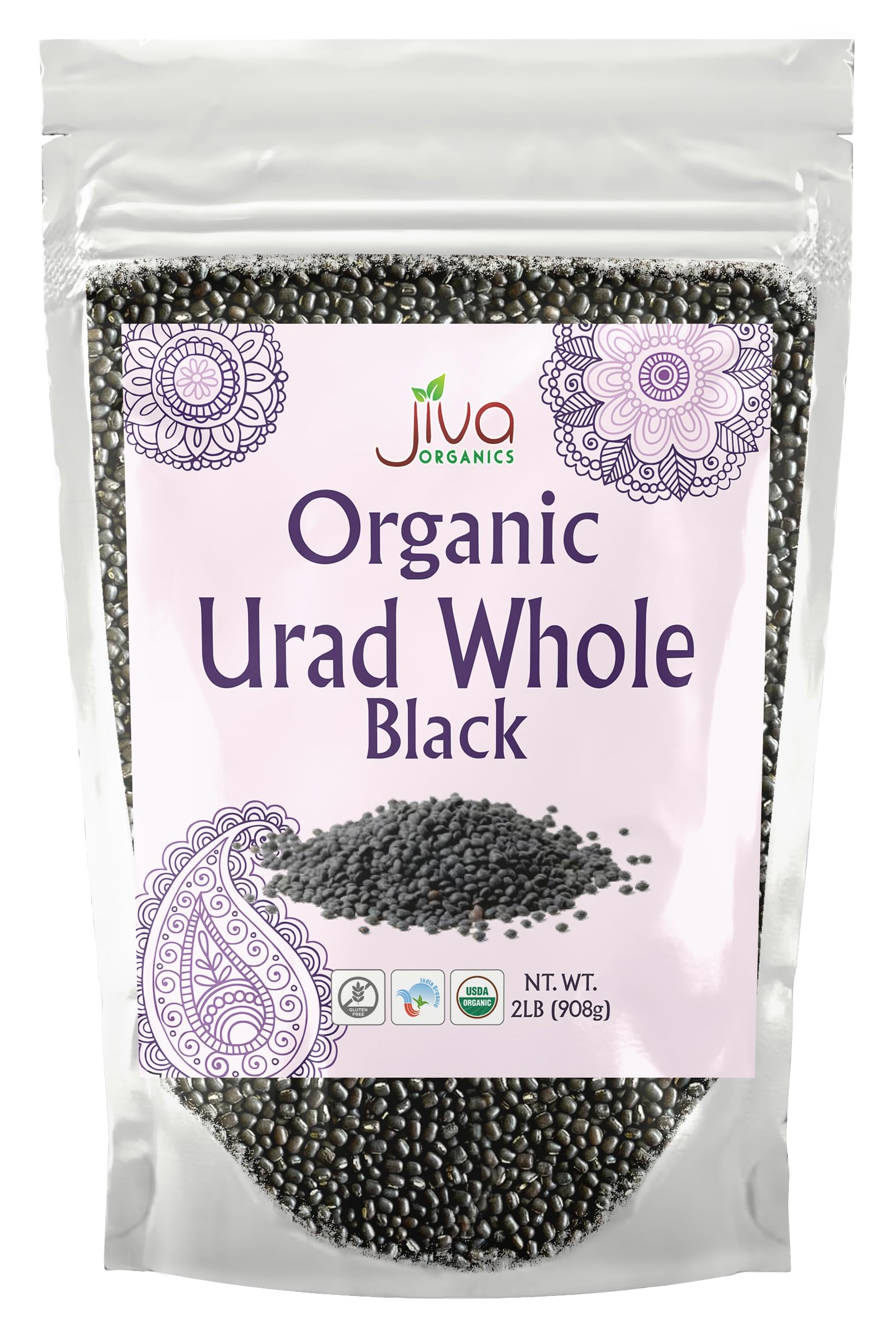 Jiva Organics Urad Whole bag on kitchen counter, pantry staple ready for meals