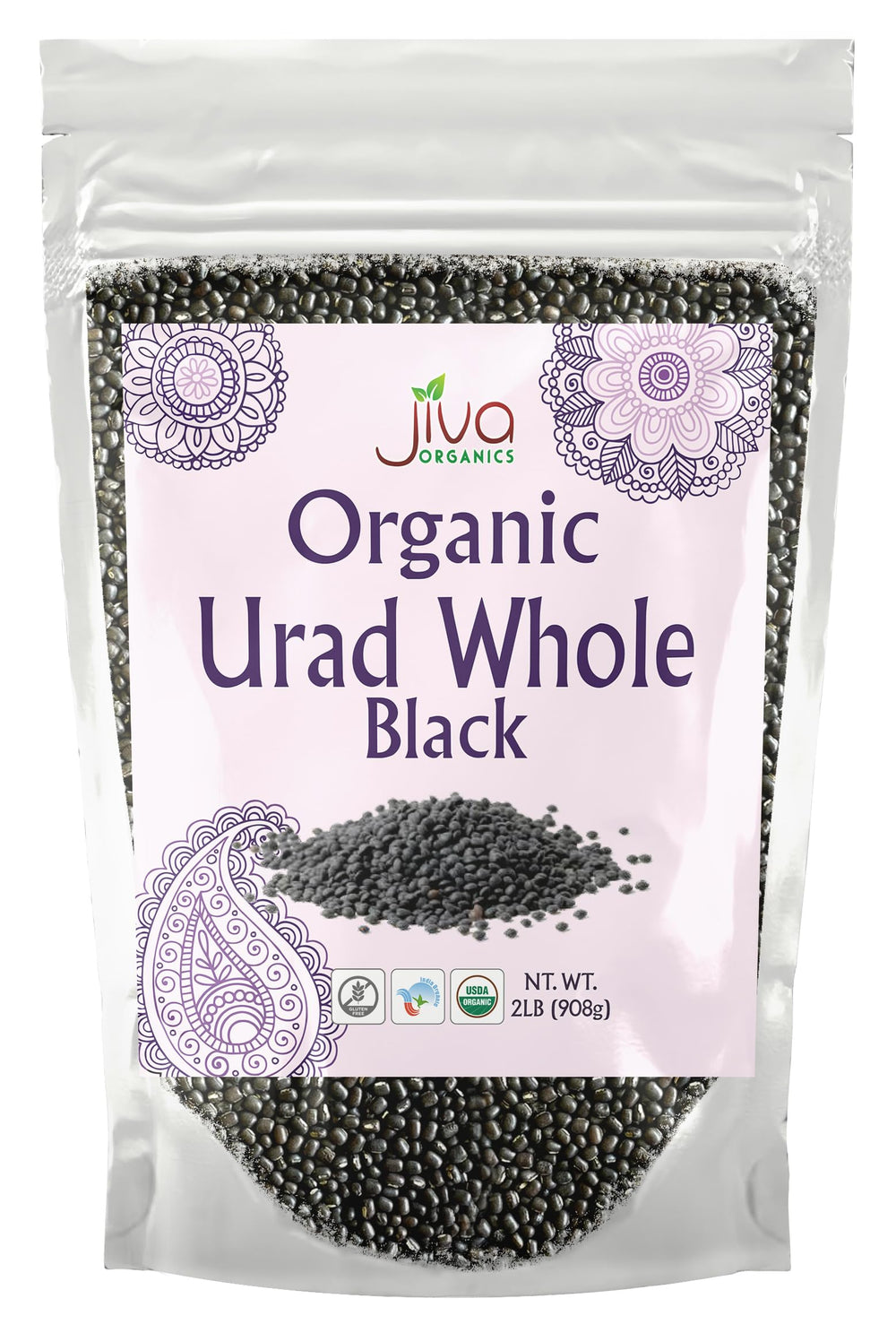 Jiva Organics Urad Whole bag on kitchen counter, pantry staple ready for meals