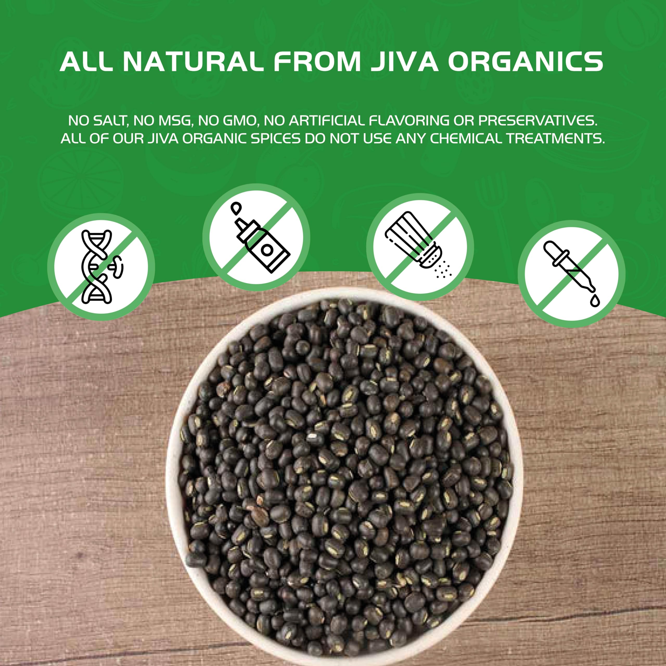 Jiva Organics Urad Whole nutrition label emphasizing gluten-free and Non-GMO ingredients