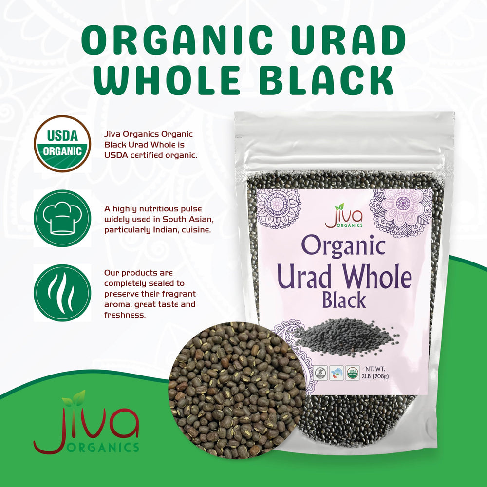 Jiva Organics Urad Whole packaging label highlights Non-GMO and gluten-free quality