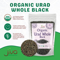 Jiva Organics Urad Whole packaging label highlights Non-GMO and gluten-free quality