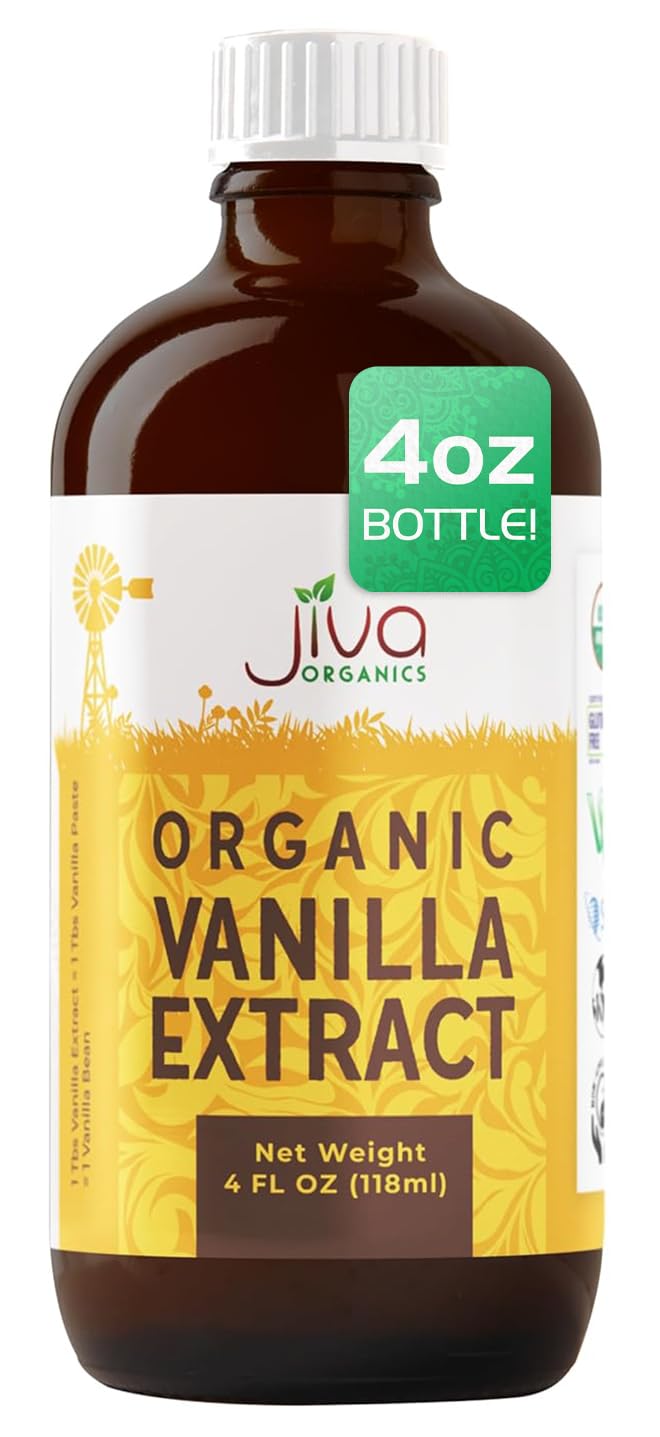 Jiva Organics vanilla extract bottle pour for baking with rich flavor potential.