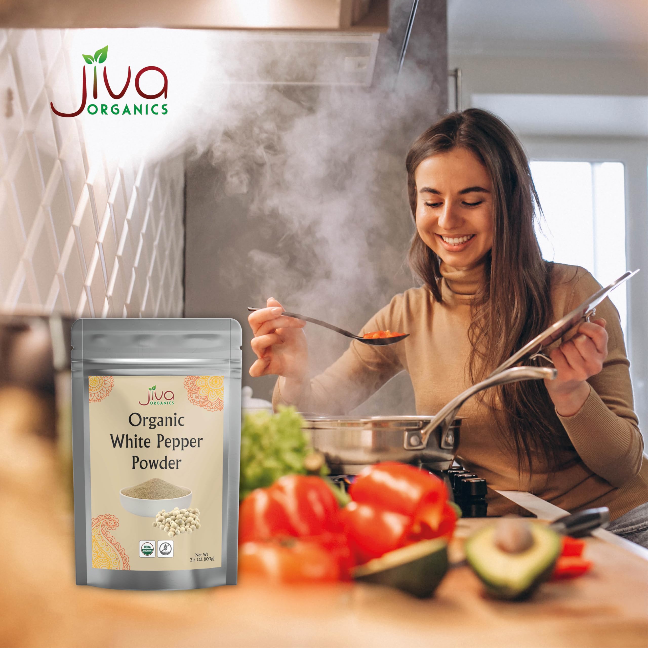 Jiva Organics White Pepper Powder cooking-shot shows white sauces and marinades