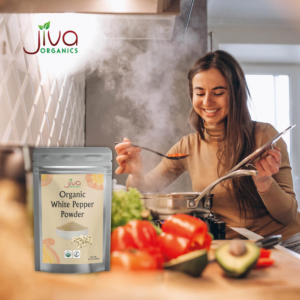 Jiva Organics White Pepper Powder cooking-shot shows white sauces and marinades