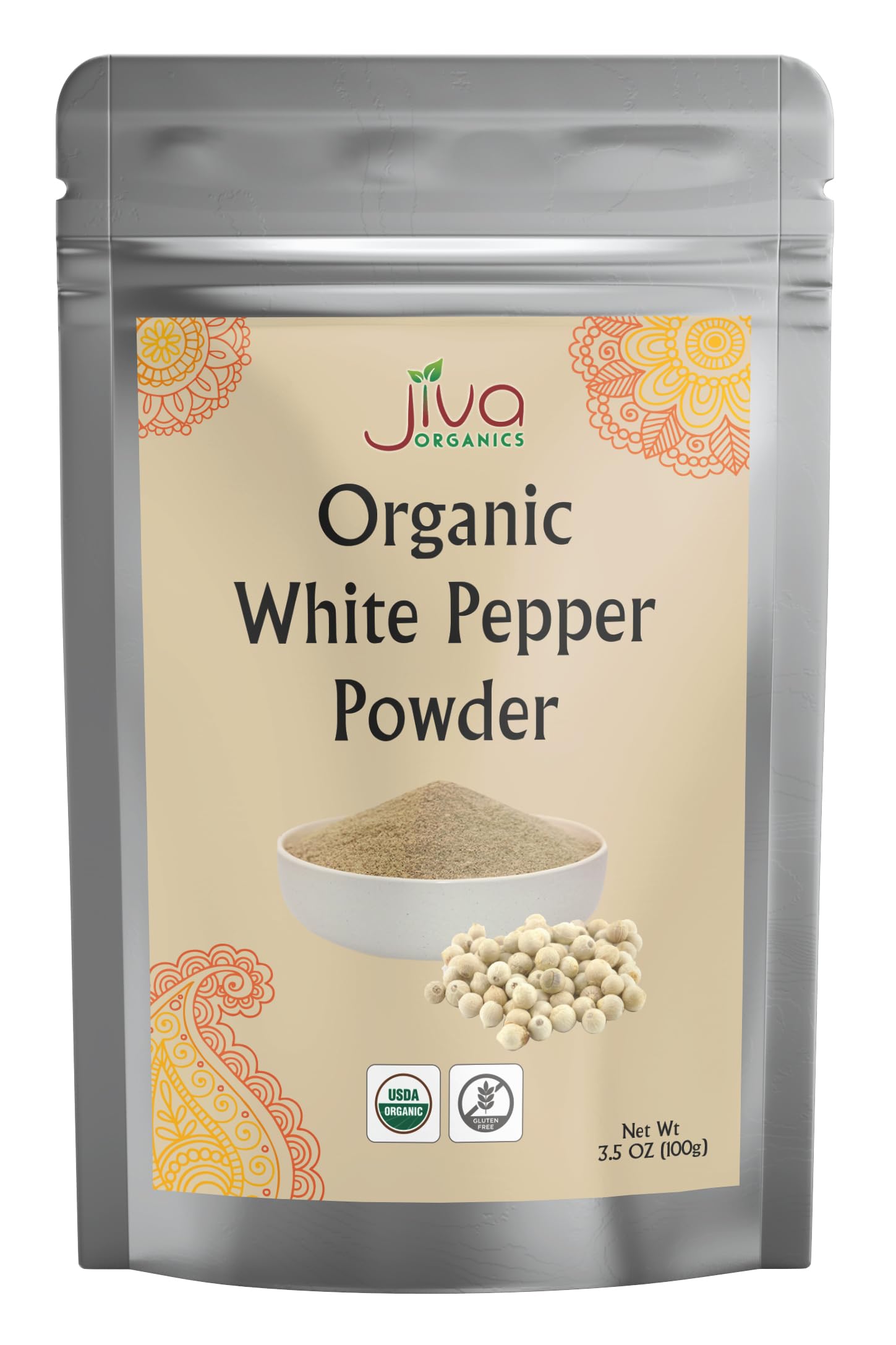 Jiva Organics White Pepper Powder jar-front offers pure flavor for everyday cooking