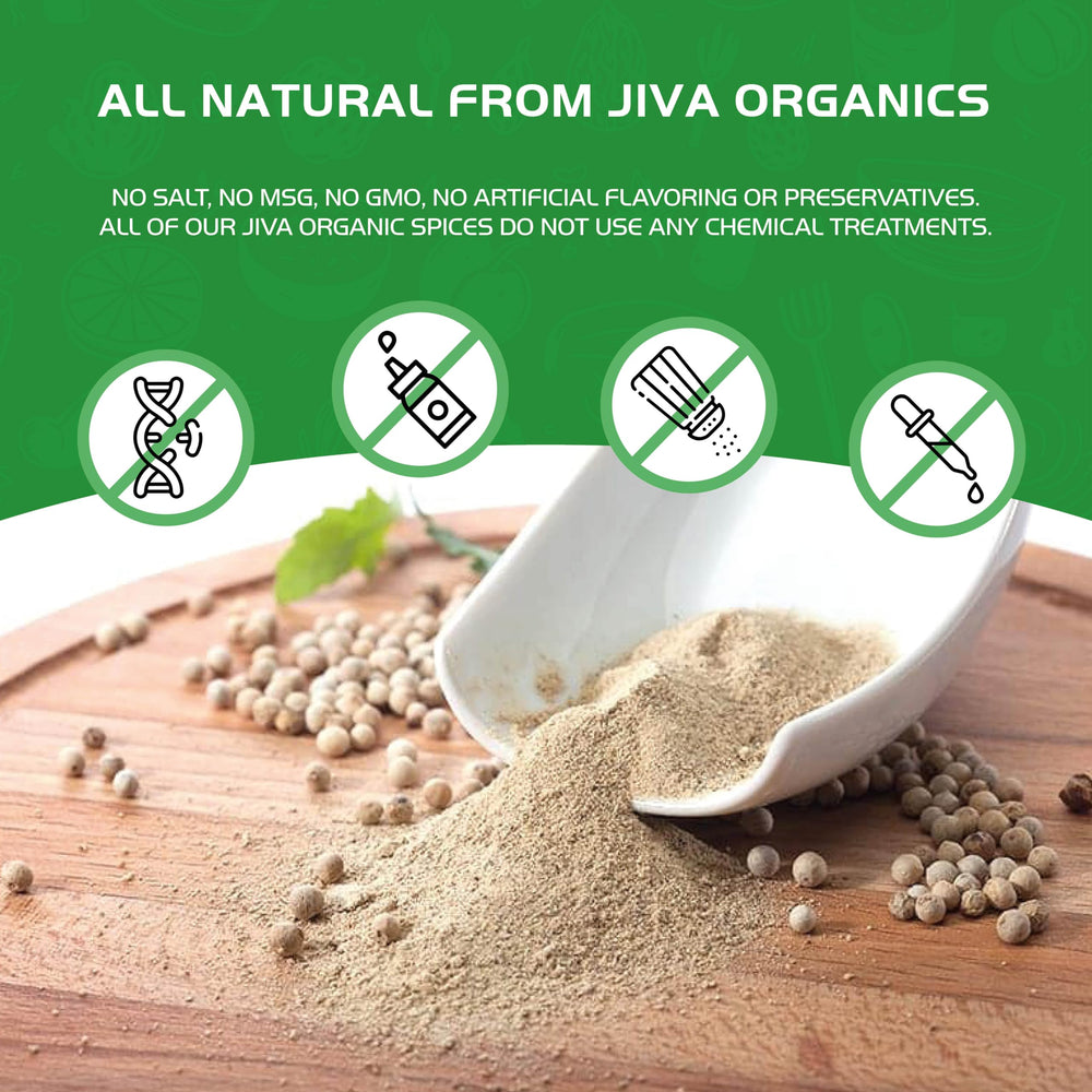 Jiva Organics White Pepper Powder kitchen-scene reminds cooks of earthy heat