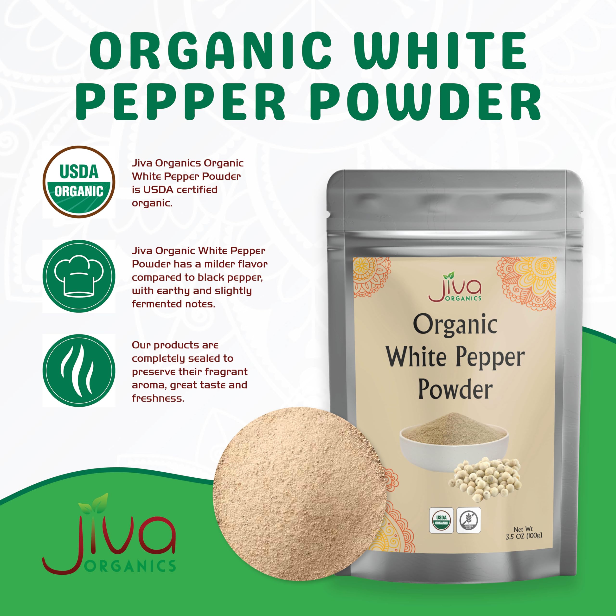 Jiva Organics White Pepper Powder packaging-closeup shows non-GMO, natural ingredients
