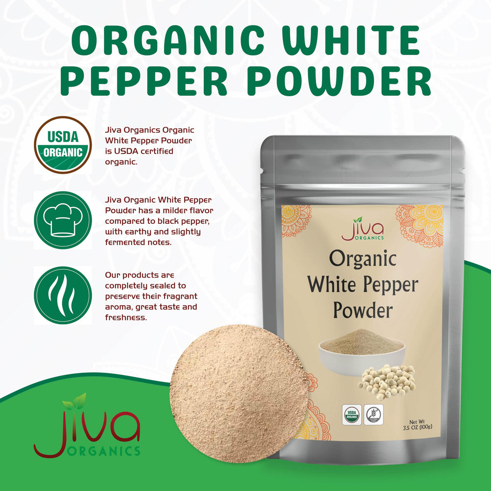 Jiva Organics White Pepper Powder packaging-closeup shows non-GMO, natural ingredients