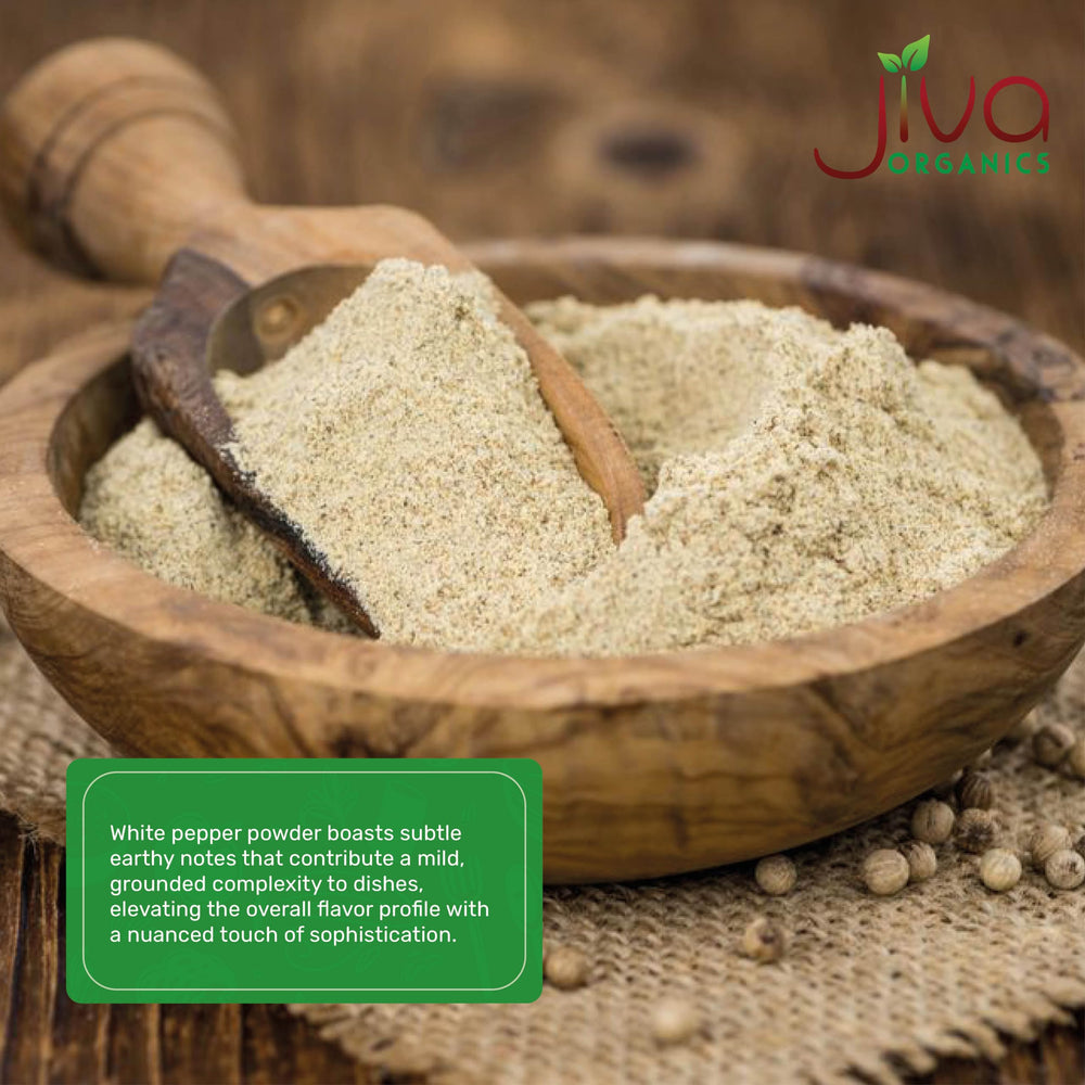 Jiva Organics White Pepper Powder shelf-display indicates sustainably sourced Sri Lanka peppers