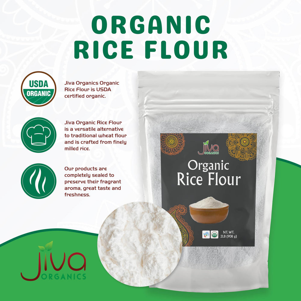 Close-up of Jiva Organics white rice flour bag showing pure ingredient