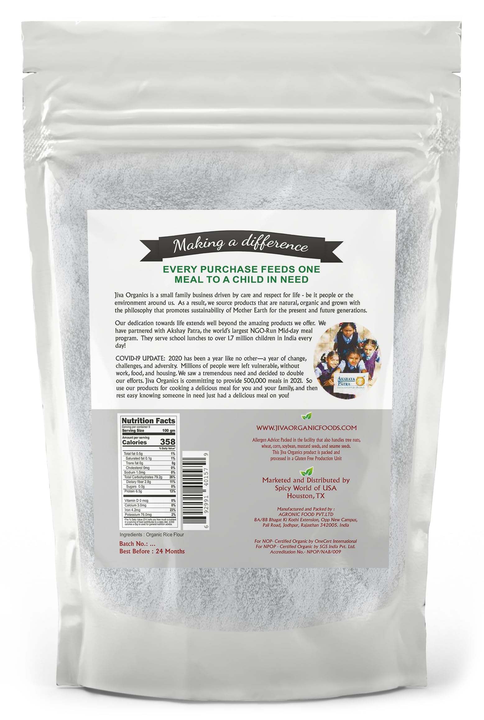 BPA-free packaging protects Jiva Organics white rice flour freshness