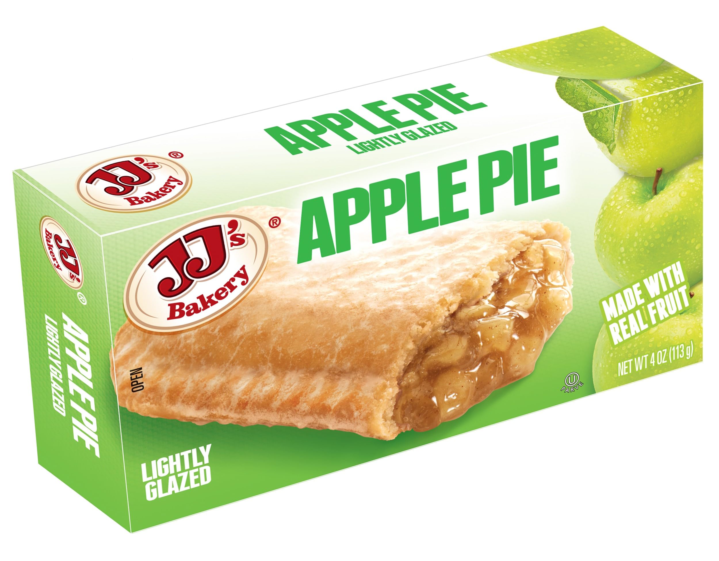 Foil-pack packaging of JJ's Bakery apple snack pies for grab-and-go.