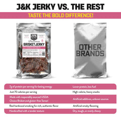 J&K Beef Brisket Jerky gluten-free status badge on pack signals safe snacking.