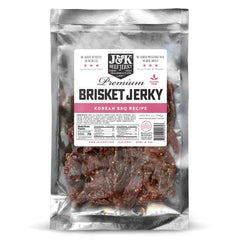 J&K Beef Brisket Jerky Korean BBQ bag visual showing bold flavor for on-the-go snacking.