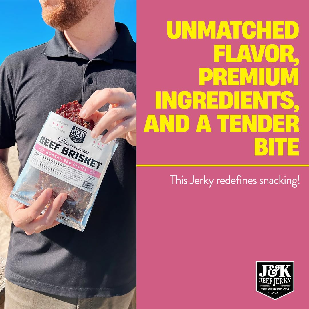 J&K Beef Brisket Jerky packaged in a 7oz resealable bag for freshness.