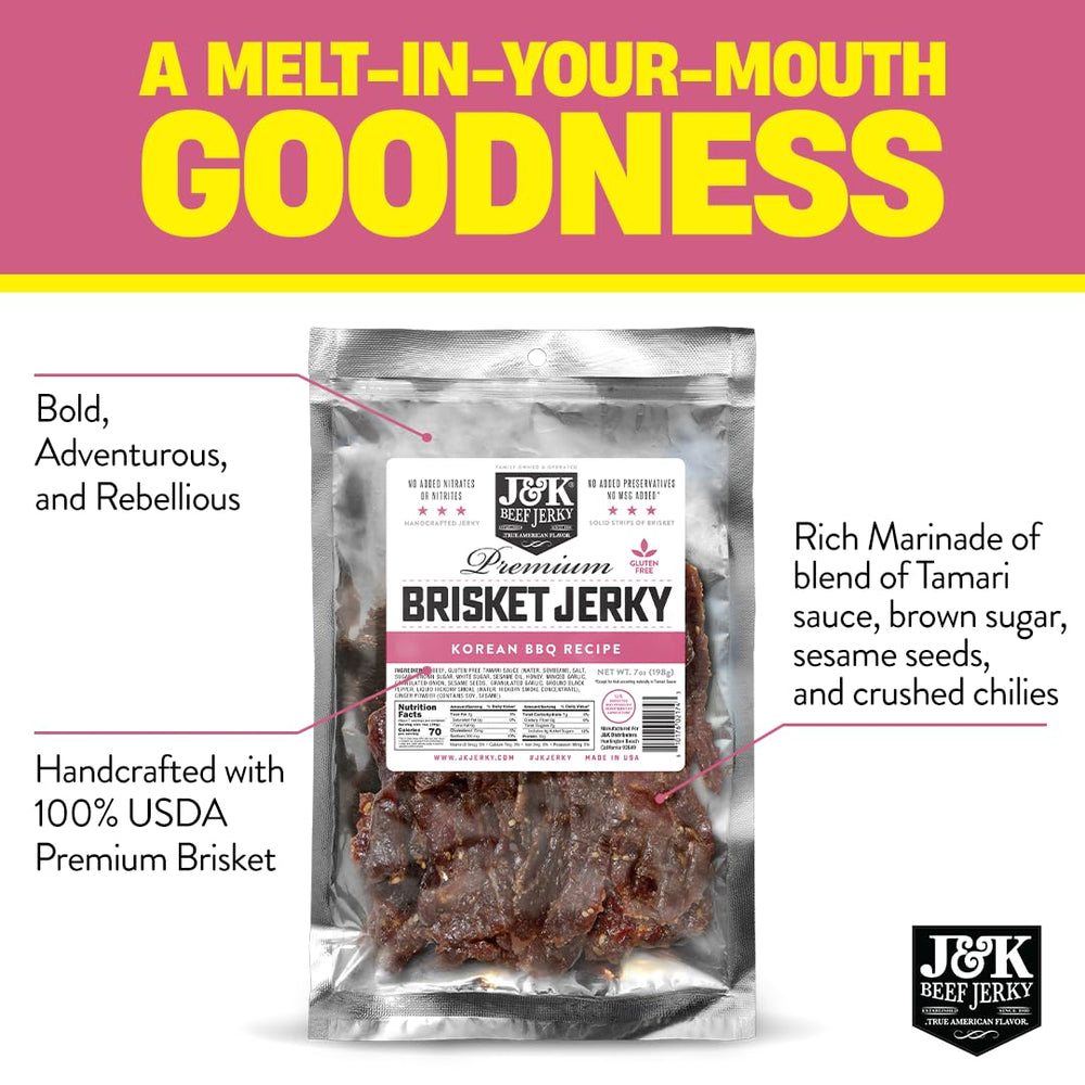 J&K Beef Brisket Jerky tender-marinated bites highlighting bold Korean BBQ flavor.