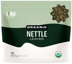 J Mac Botanicals nettle leaf tea bag close-up for a flavorful brew.