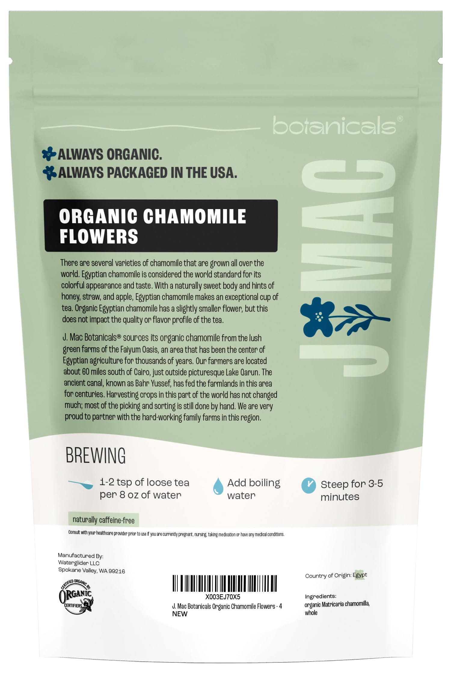 J Mac Botanicals resealable bag keeps chamomile fresh for daily use