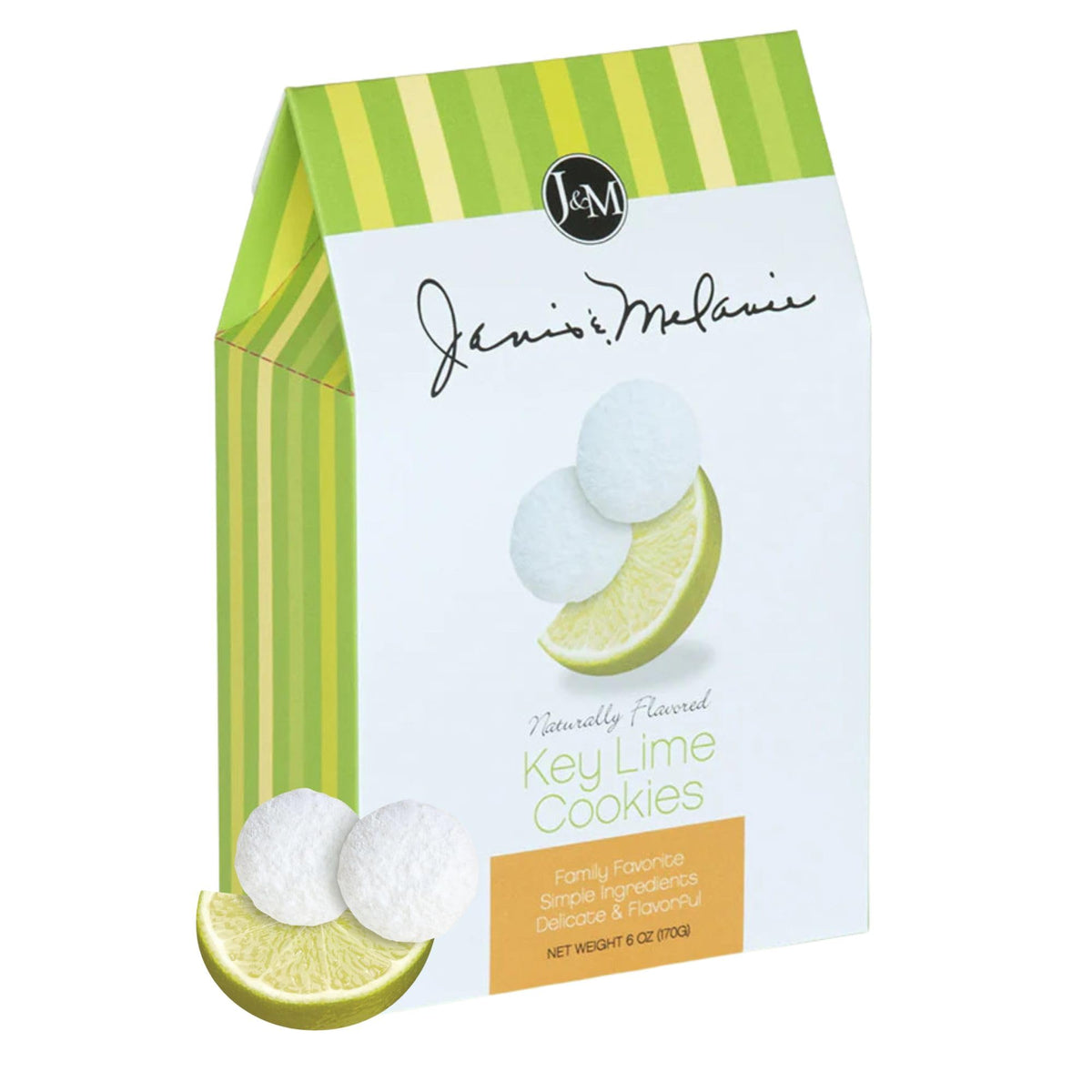 J&amp;M Foods Key Lime Cookies packaging highlights refreshing citrus flavor for snacking.