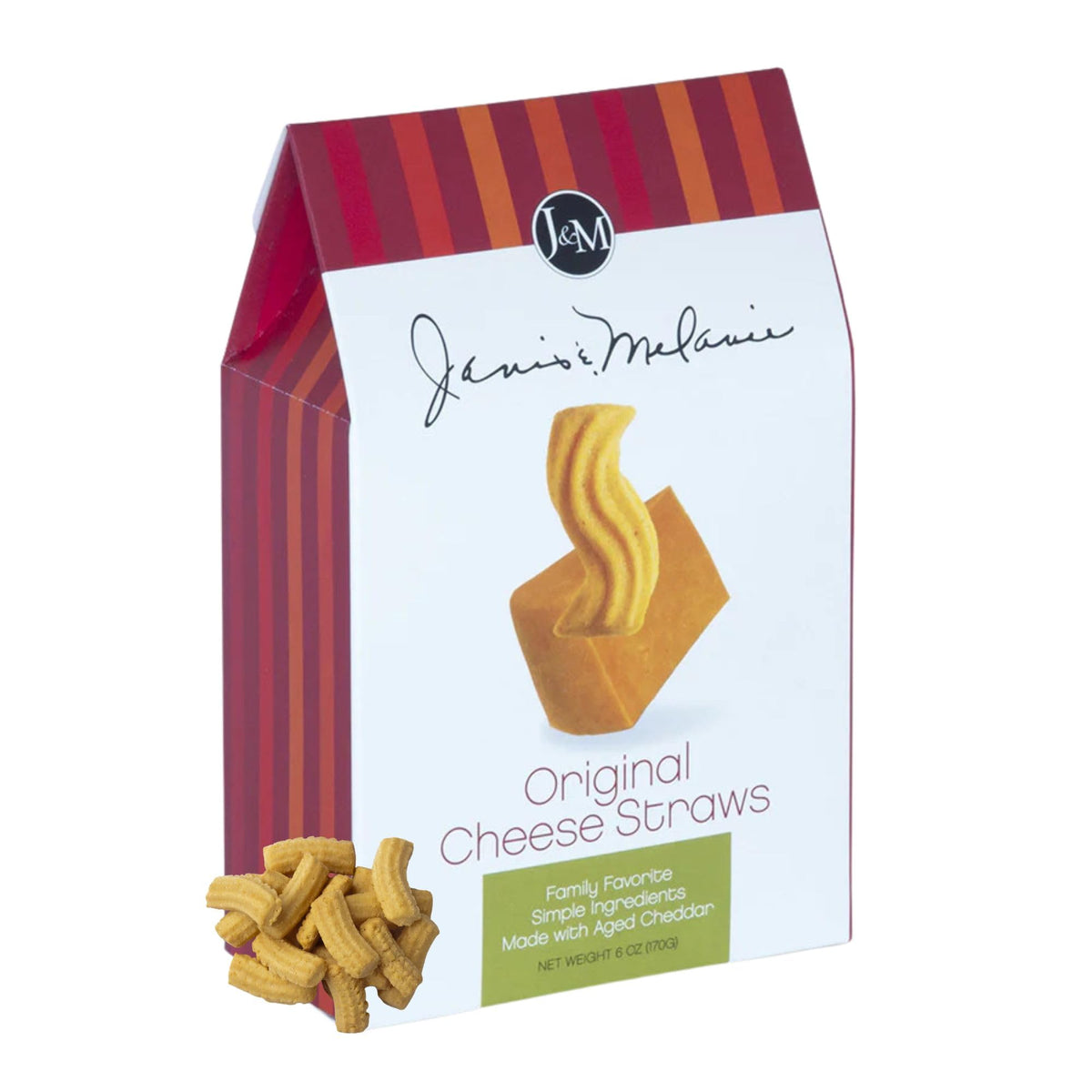 J&amp;M Foods Original Cheese Straws packaging featuring bold cheddar flavor in a convenient 6 oz box