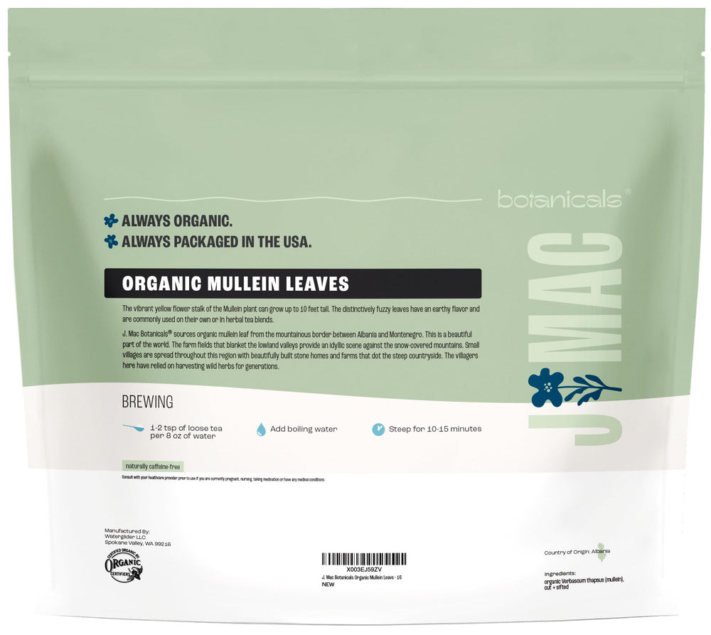 J Mac Botanicals loose leaf mullein for calming evening brewed cup.